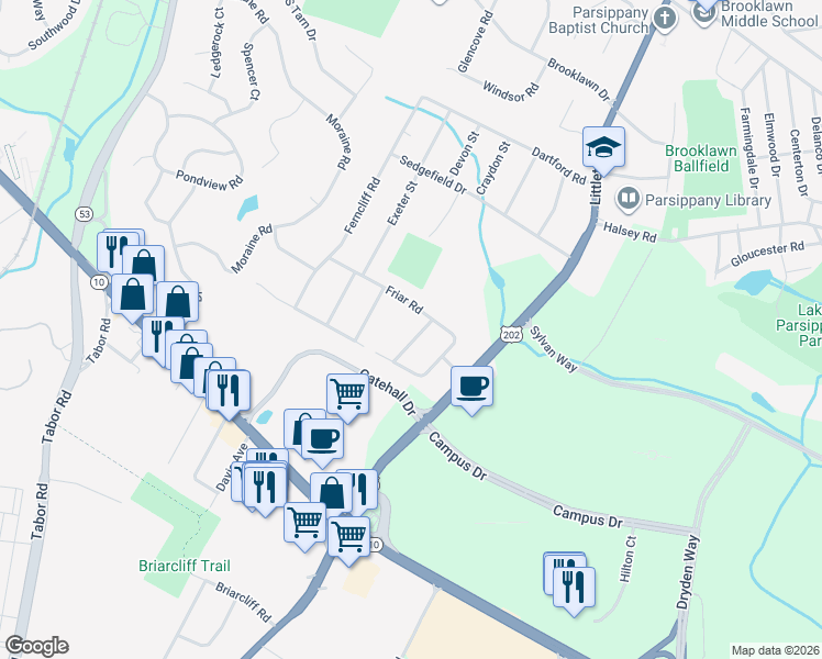 map of restaurants, bars, coffee shops, grocery stores, and more near 7 Little John Road in Morris Plains