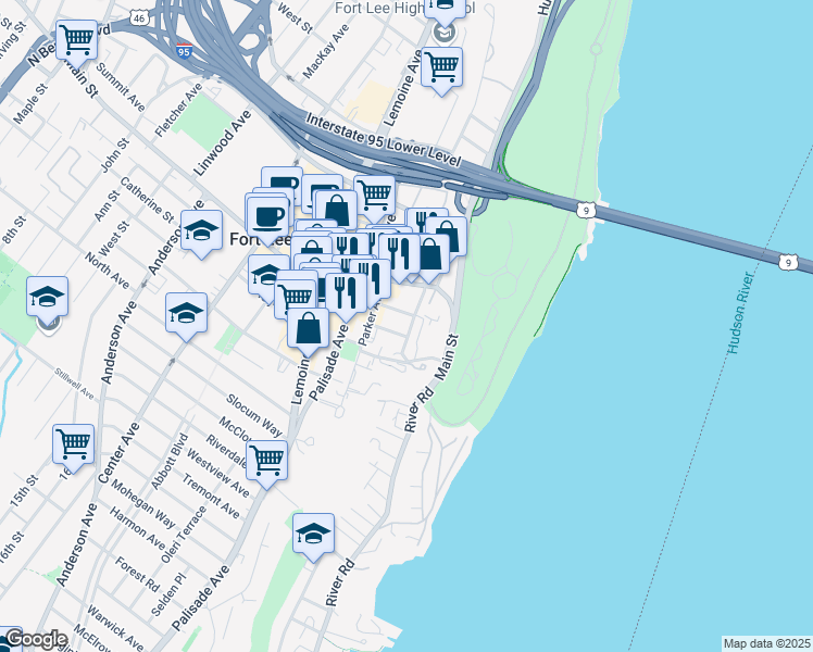 map of restaurants, bars, coffee shops, grocery stores, and more near 1635 Federspiel Street in Fort Lee
