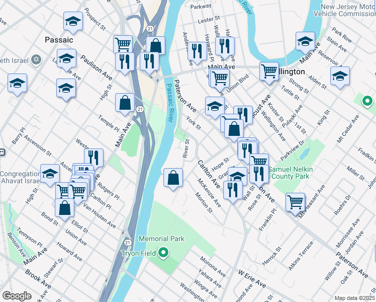map of restaurants, bars, coffee shops, grocery stores, and more near 54 River Street in East Rutherford