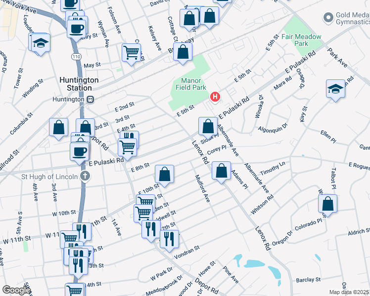 map of restaurants, bars, coffee shops, grocery stores, and more near 66 East 8th Street in Huntington Station