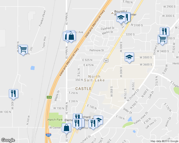 map of restaurants, bars, coffee shops, grocery stores, and more near 400 North 175 East in North Salt Lake