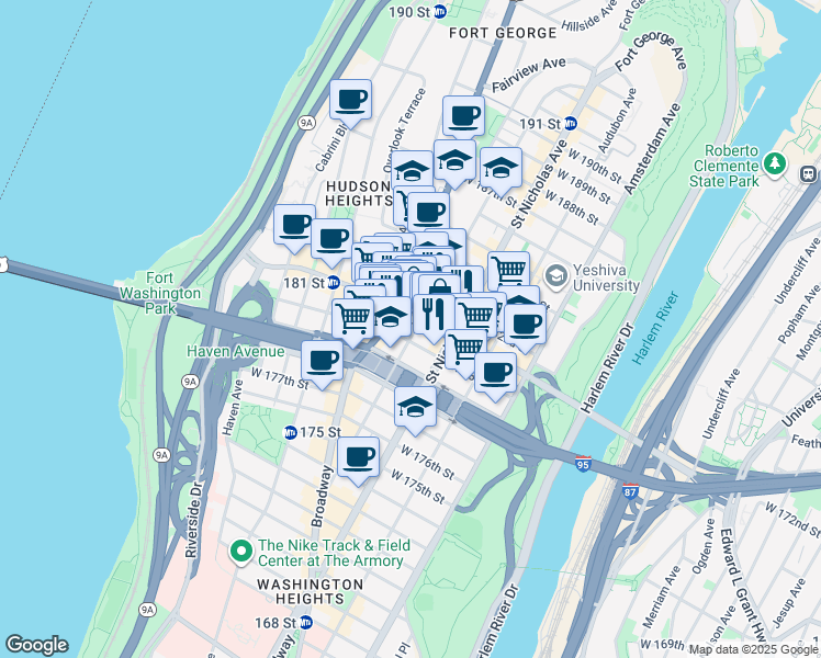 map of restaurants, bars, coffee shops, grocery stores, and more near in New York