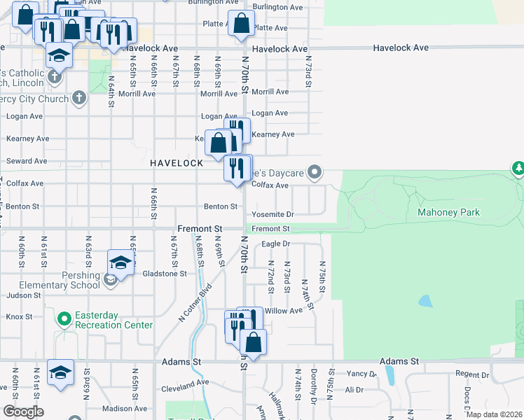 map of restaurants, bars, coffee shops, grocery stores, and more near 7020 Yosemite Drive in Lincoln