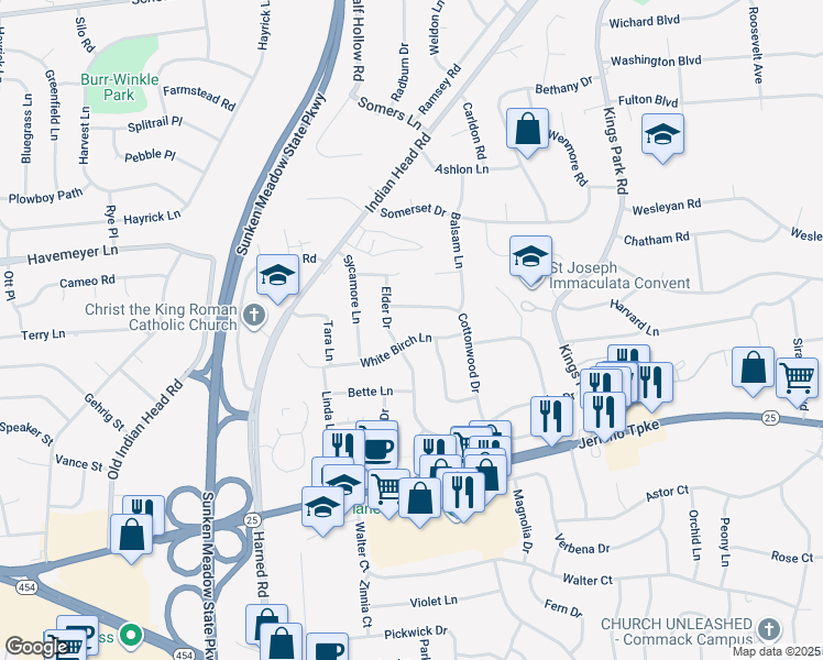 map of restaurants, bars, coffee shops, grocery stores, and more near 15 White Birch Lane in Commack