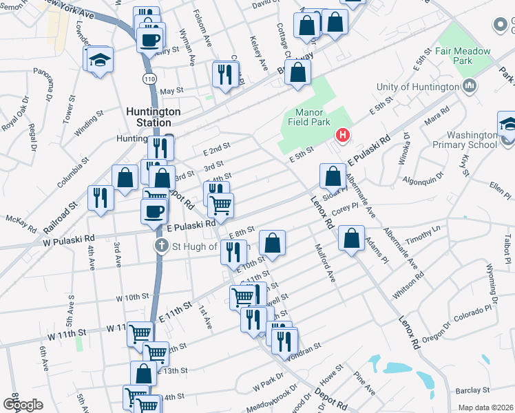 map of restaurants, bars, coffee shops, grocery stores, and more near 98 E Pulaski Rd in Huntington Station