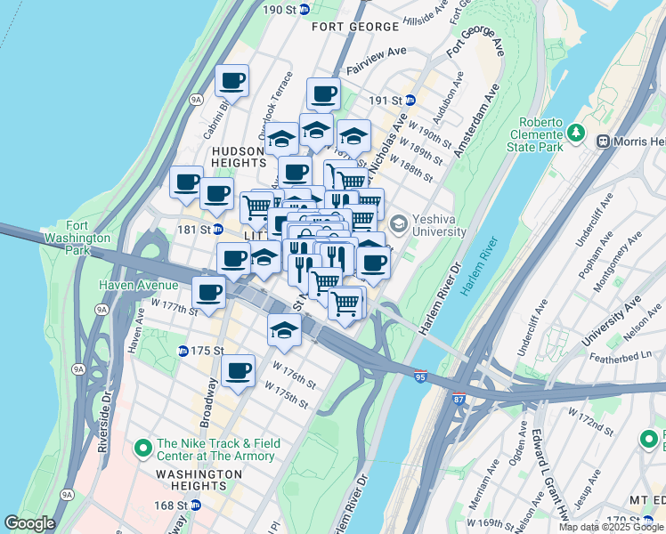 map of restaurants, bars, coffee shops, grocery stores, and more near 570 West 182nd Street in New York