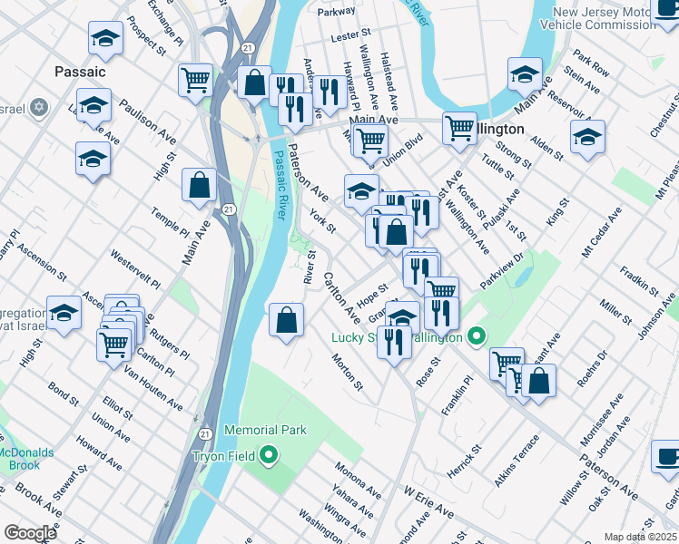 map of restaurants, bars, coffee shops, grocery stores, and more near 82 Union St in East Rutherford