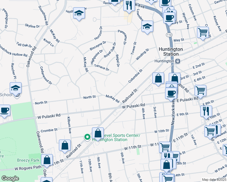 map of restaurants, bars, coffee shops, grocery stores, and more near 133A Columbia Street in Huntington Station