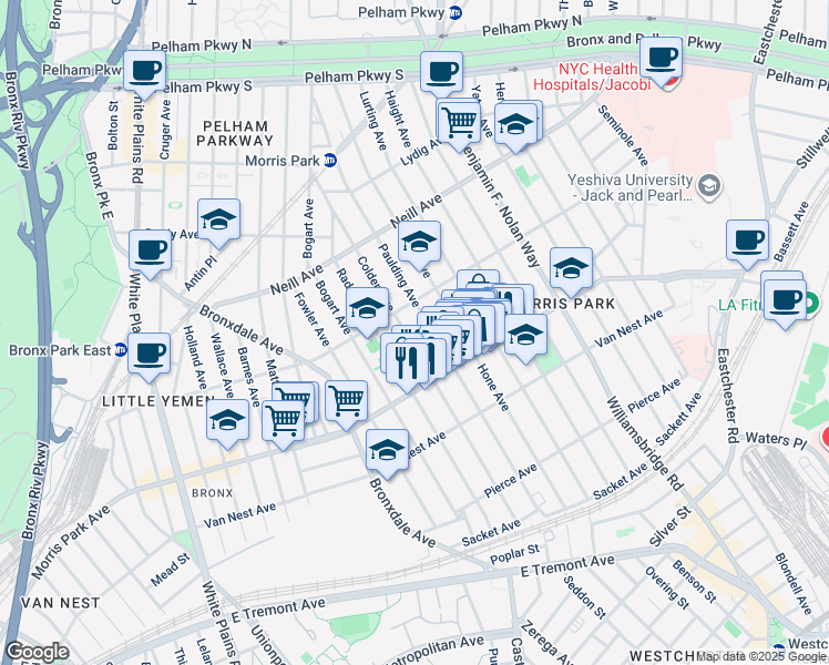 map of restaurants, bars, coffee shops, grocery stores, and more near 1850 Colden Avenue in Bronx