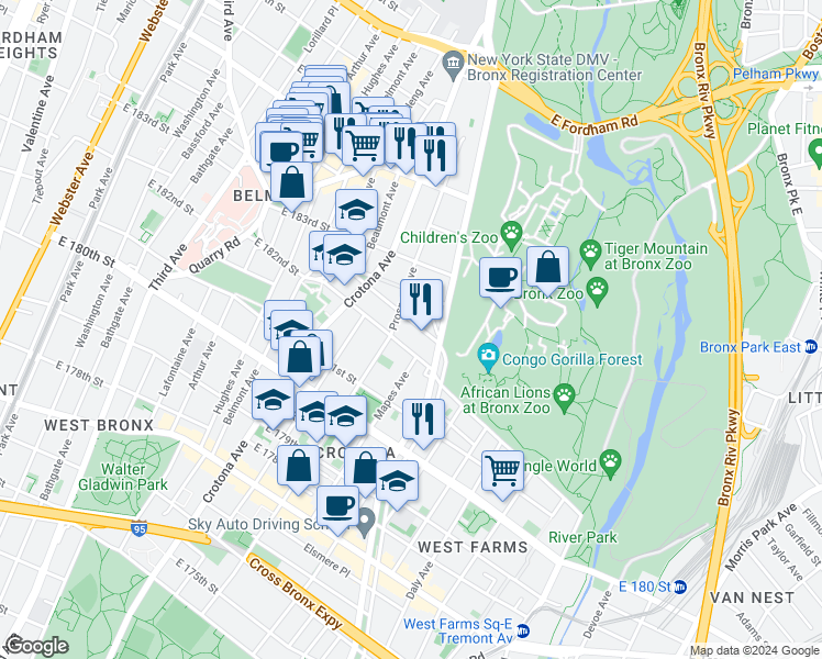 map of restaurants, bars, coffee shops, grocery stores, and more near 780 Garden Street in Bronx