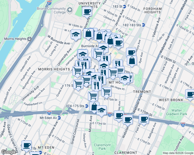 map of restaurants, bars, coffee shops, grocery stores, and more near 1892 Morris Avenue in Bronx