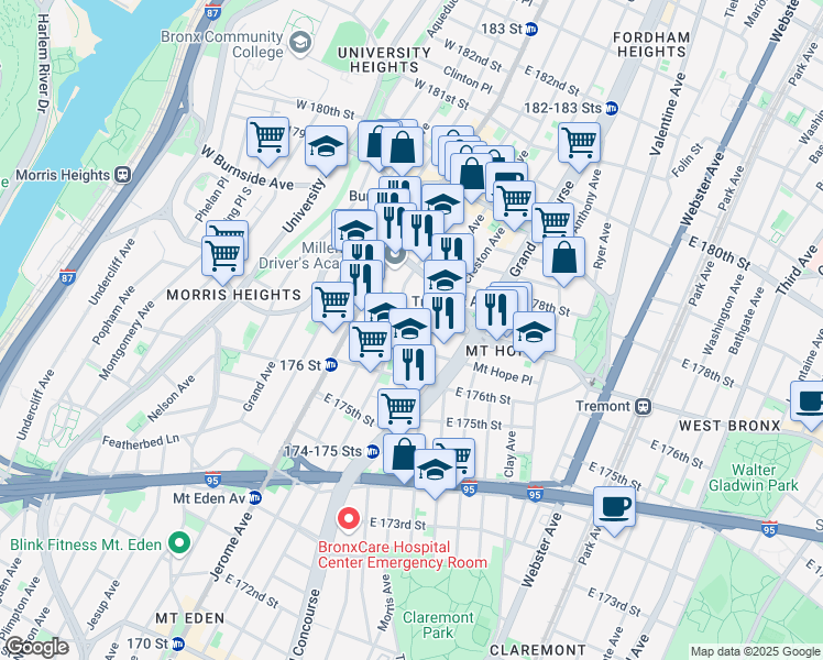 map of restaurants, bars, coffee shops, grocery stores, and more near 1892 Morris Avenue in Bronx