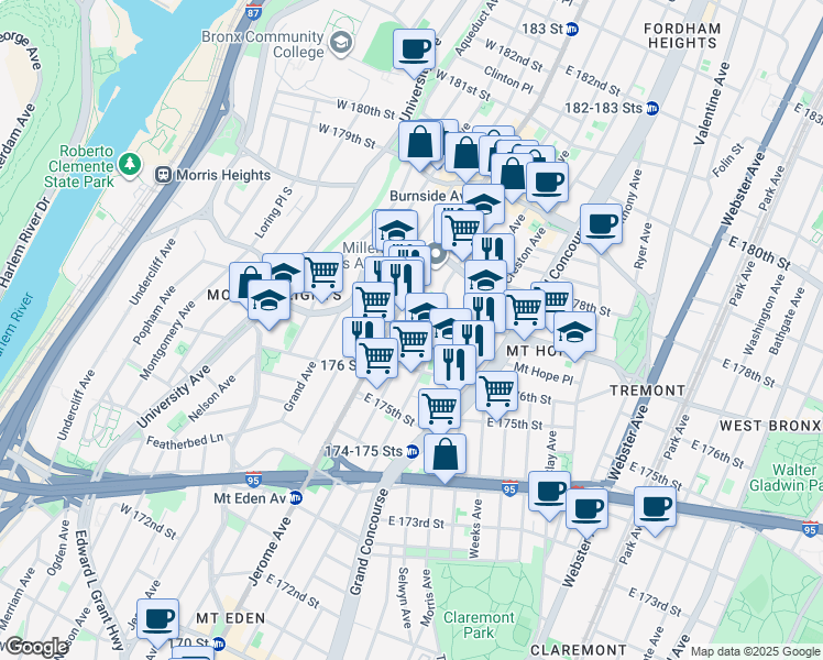 map of restaurants, bars, coffee shops, grocery stores, and more near 1895 Walton Avenue in Bronx