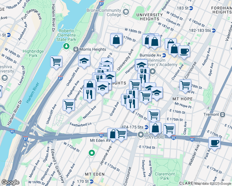 map of restaurants, bars, coffee shops, grocery stores, and more near in The Bronx