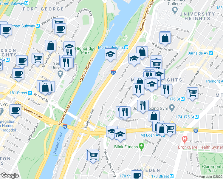 map of restaurants, bars, coffee shops, grocery stores, and more near 1642 Undercliff Avenue in The Bronx