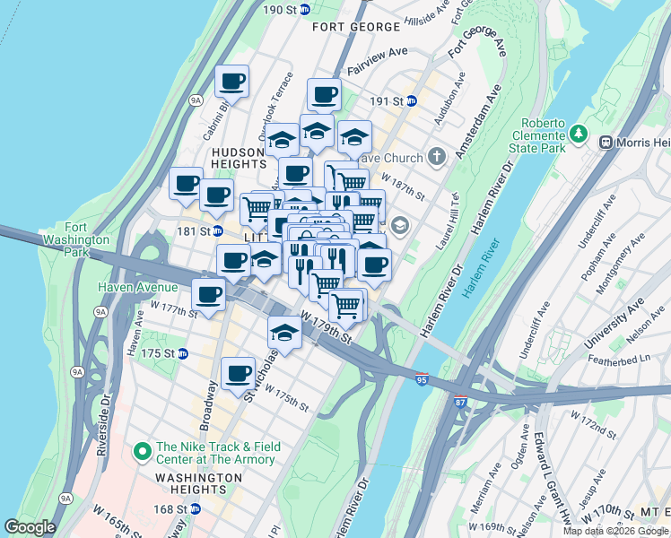 map of restaurants, bars, coffee shops, grocery stores, and more near in New York