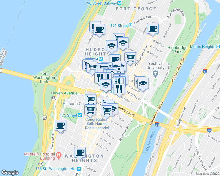 map of restaurants, bars, coffee shops, grocery stores, and more near in New York
