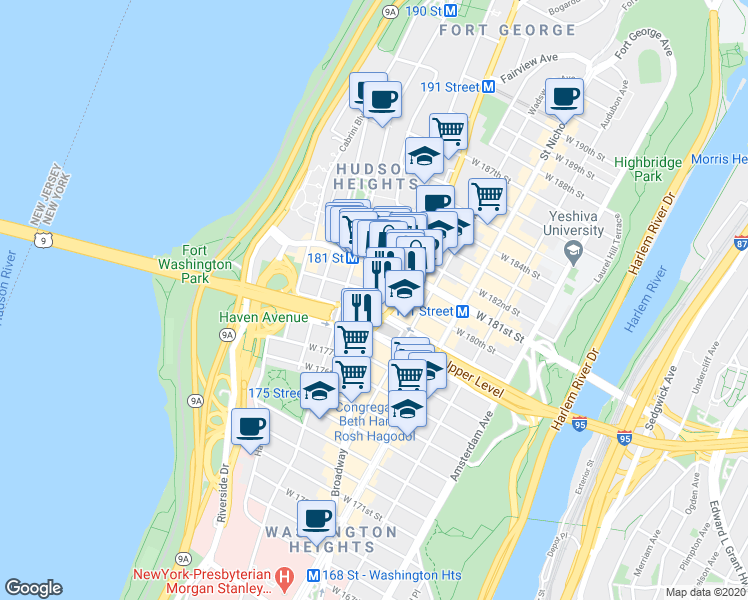 map of restaurants, bars, coffee shops, grocery stores, and more near in New York