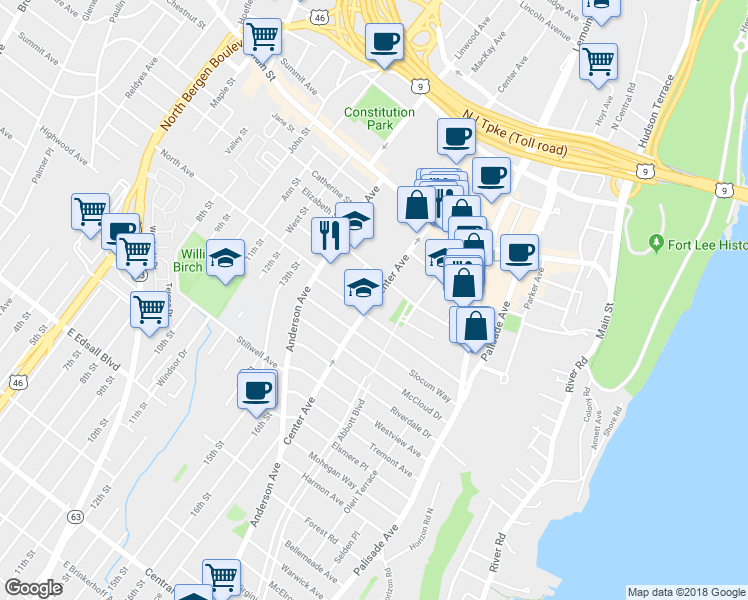 map of restaurants, bars, coffee shops, grocery stores, and more near 325 Tom Hunter Road in Fort Lee