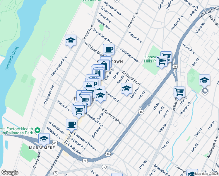 map of restaurants, bars, coffee shops, grocery stores, and more near 408 1st Street in Palisades Park
