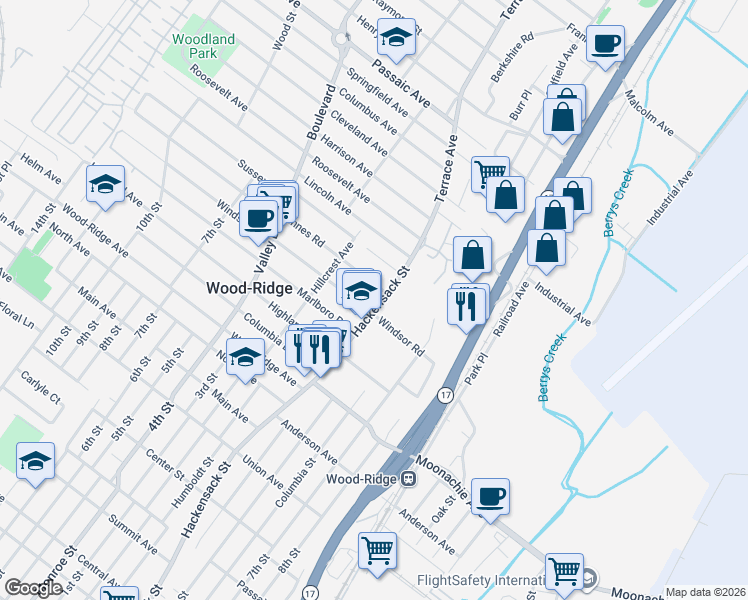 map of restaurants, bars, coffee shops, grocery stores, and more near 285 Hackensack Street in Wood-Ridge