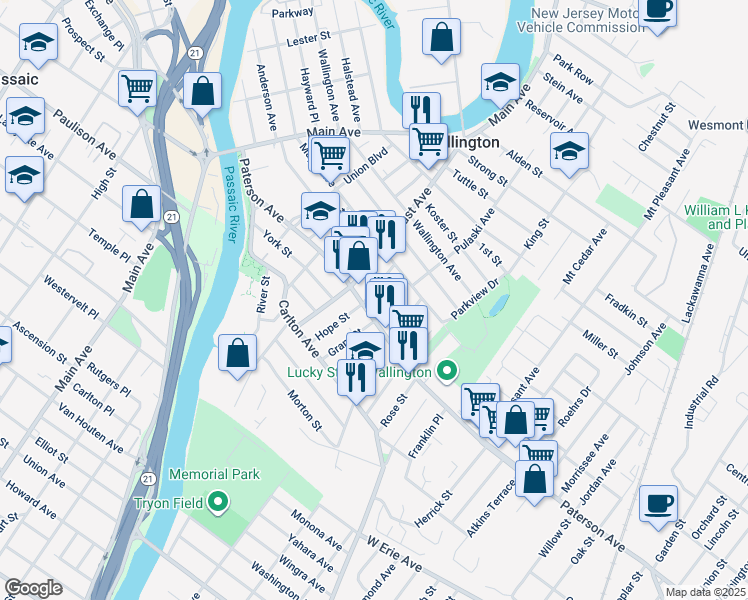map of restaurants, bars, coffee shops, grocery stores, and more near 177 Paterson Avenue in Wallington