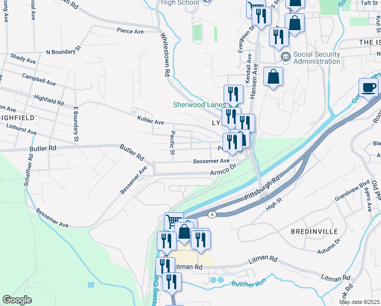 map of restaurants, bars, coffee shops, grocery stores, and more near 302 Penn Avenue in Lyndora