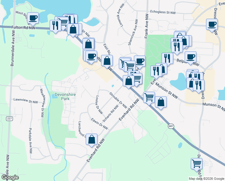 map of restaurants, bars, coffee shops, grocery stores, and more near 5227 Sibila Road Northwest in Canton