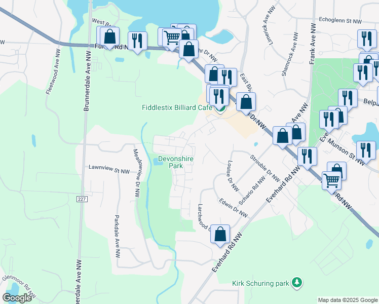 map of restaurants, bars, coffee shops, grocery stores, and more near 4736 South Boulevard Northwest in Canton