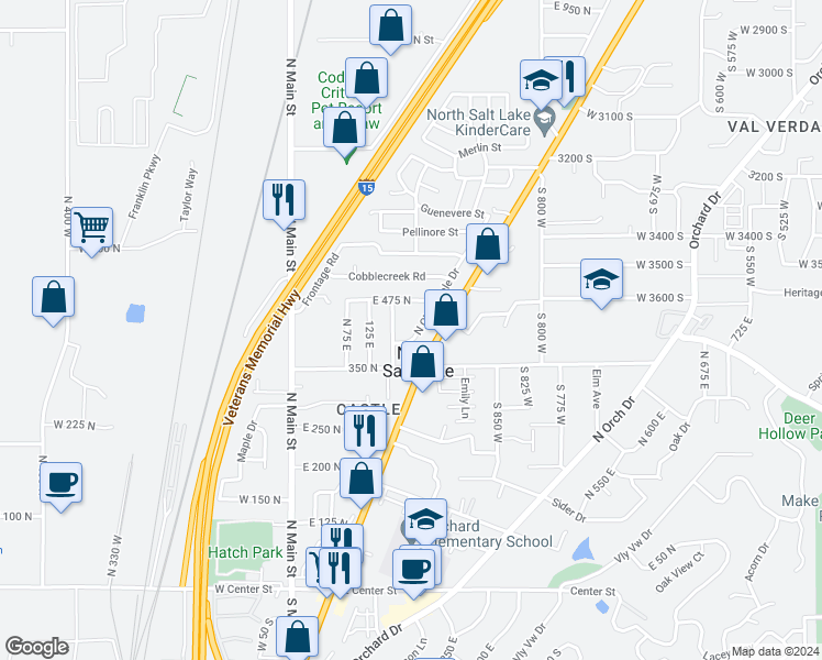 map of restaurants, bars, coffee shops, grocery stores, and more near 395 Cloverdale Road in North Salt Lake