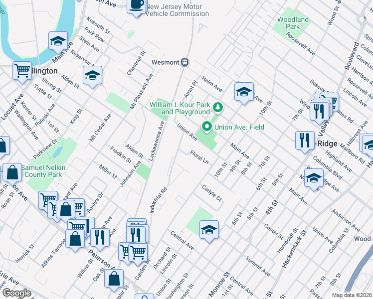 map of restaurants, bars, coffee shops, grocery stores, and more near 217 Floral Lane in Wood-Ridge