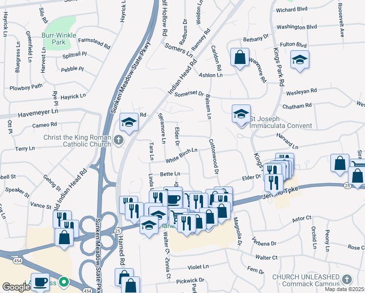 map of restaurants, bars, coffee shops, grocery stores, and more near 15 White Birch Lane in Commack