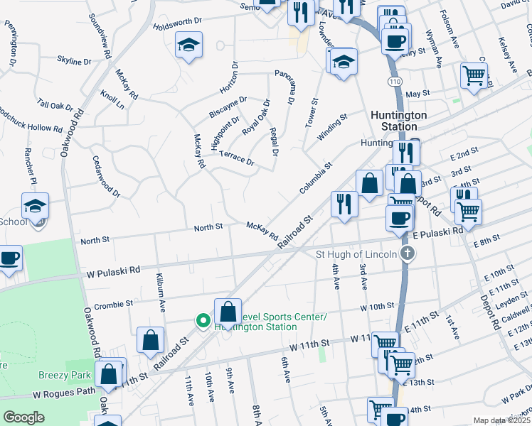 map of restaurants, bars, coffee shops, grocery stores, and more near 133A Columbia Street in Huntington Station