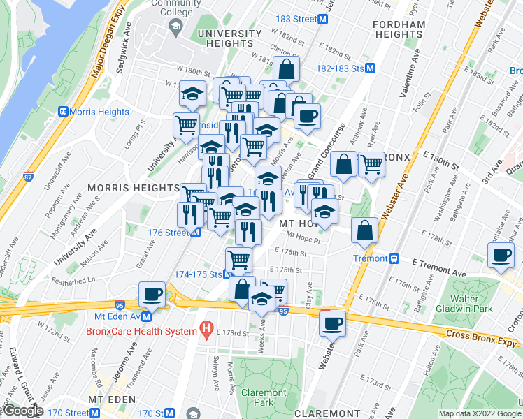 map of restaurants, bars, coffee shops, grocery stores, and more near 104 East 177th Street in The Bronx