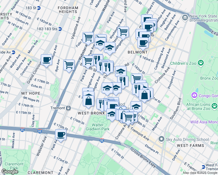 map of restaurants, bars, coffee shops, grocery stores, and more near 4350 3rd Avenue in The Bronx