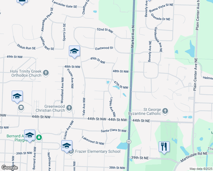 map of restaurants, bars, coffee shops, grocery stores, and more near 300 47th Street Northwest in Canton