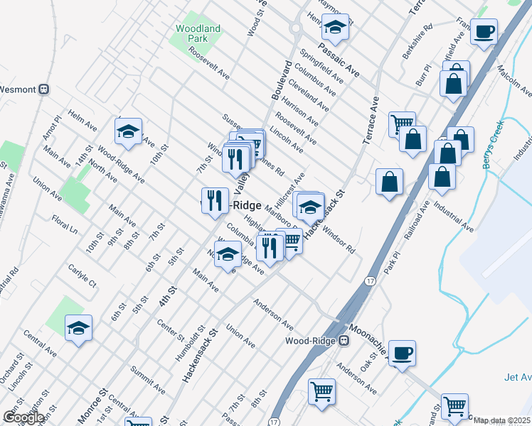 map of restaurants, bars, coffee shops, grocery stores, and more near 243 Hillcrest Avenue in Wood-Ridge