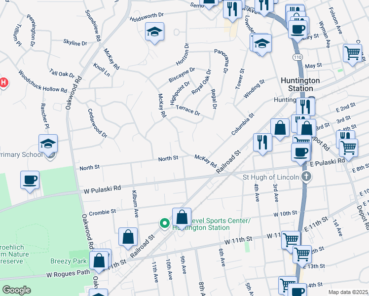 map of restaurants, bars, coffee shops, grocery stores, and more near 170 McKay Road in Huntington Station
