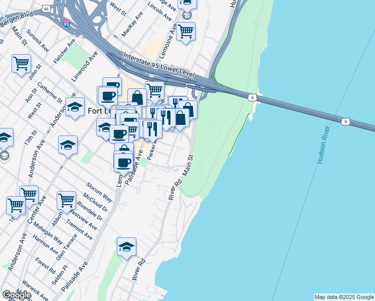 map of restaurants, bars, coffee shops, grocery stores, and more near 69 Main Street in Fort Lee