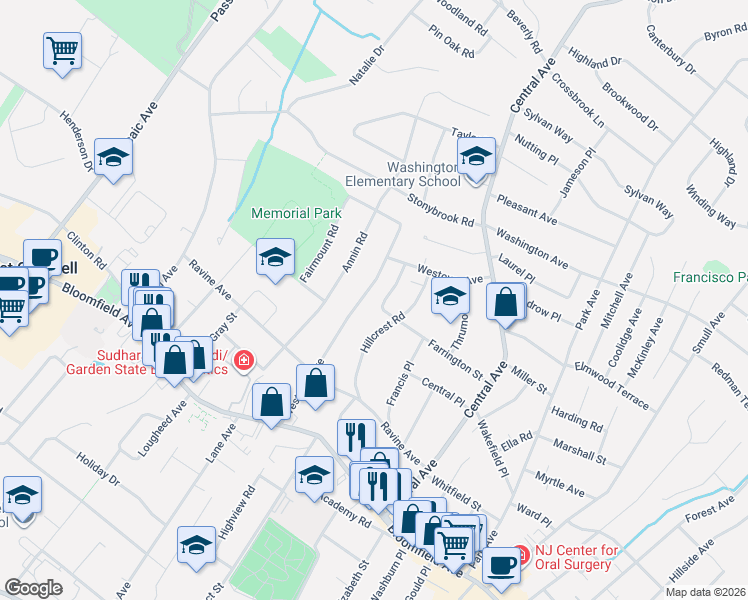 map of restaurants, bars, coffee shops, grocery stores, and more near 76 Westover Avenue in West Caldwell