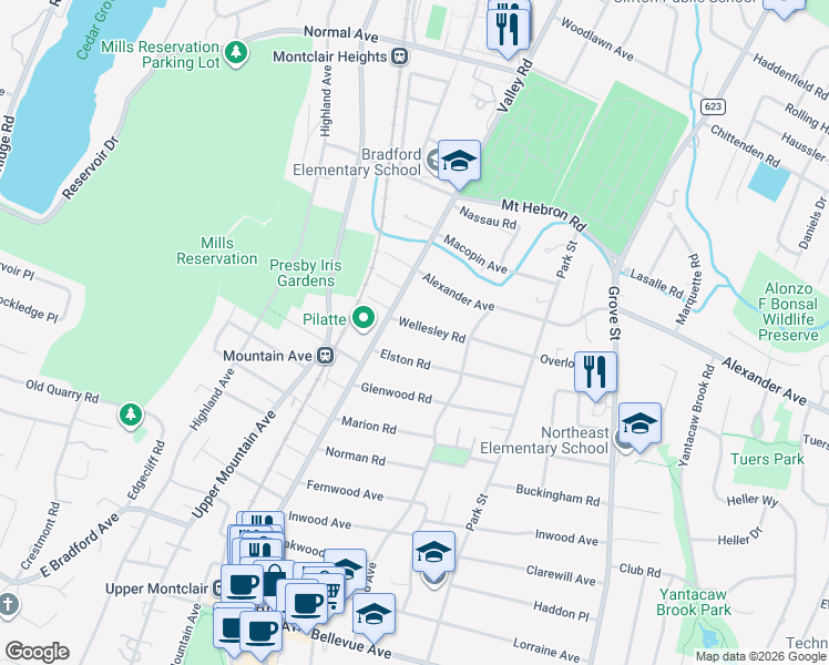 map of restaurants, bars, coffee shops, grocery stores, and more near 24 Wellesley Road in Montclair
