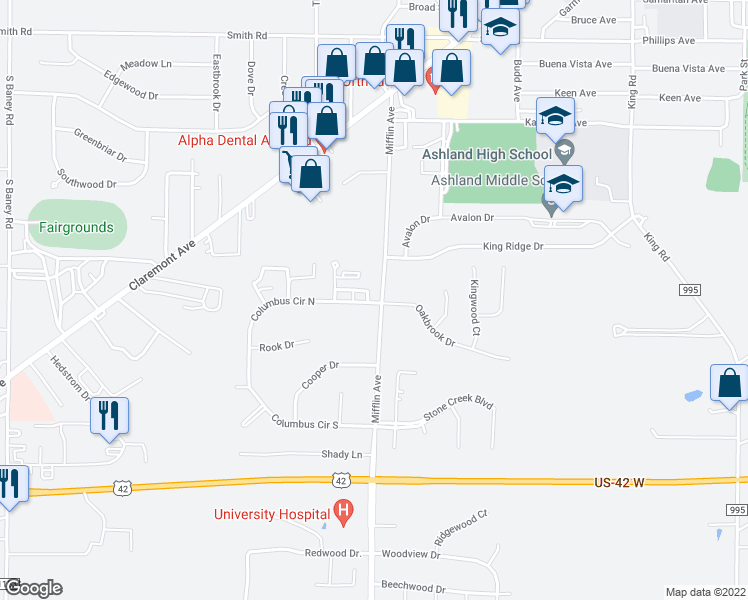 map of restaurants, bars, coffee shops, grocery stores, and more near 1004 Columbus Circle North in Ashland