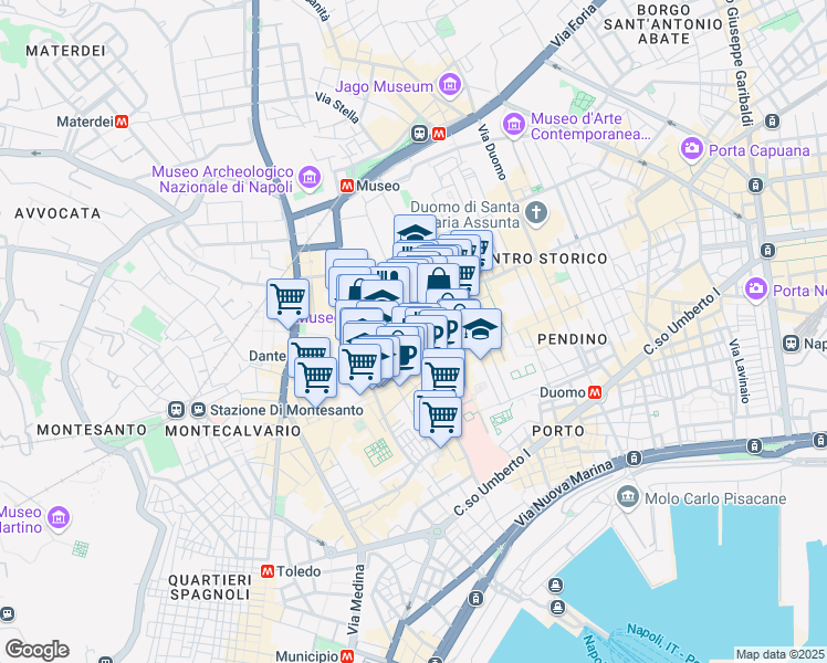 map of restaurants, bars, coffee shops, grocery stores, and more near 24 Vicoletto San Domenico Maggiore in Napoli