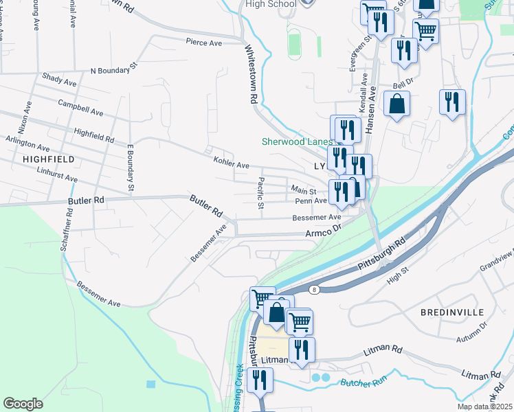 map of restaurants, bars, coffee shops, grocery stores, and more near 318 Penn Avenue in Lyndora