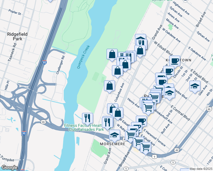 map of restaurants, bars, coffee shops, grocery stores, and more near 150 Roosevelt Place in Palisades Park