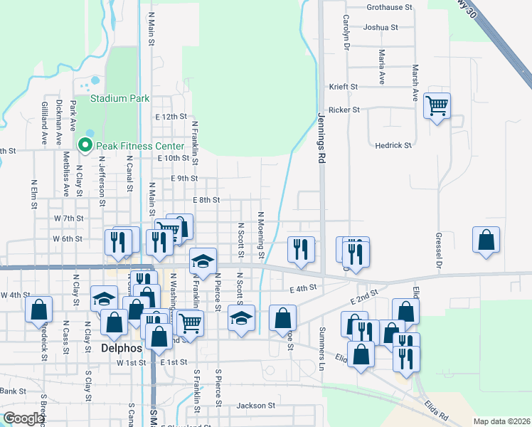 map of restaurants, bars, coffee shops, grocery stores, and more near 710 North Moening Street in Delphos
