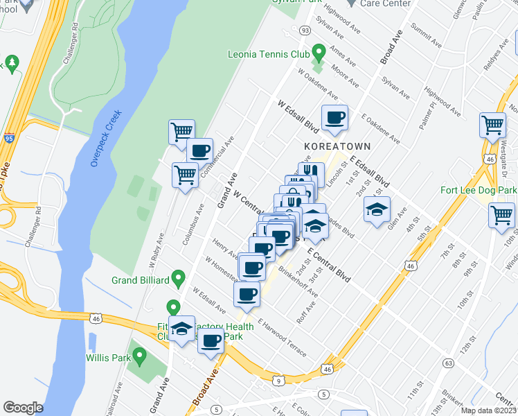 map of restaurants, bars, coffee shops, grocery stores, and more near 51A East Central Boulevard in Palisades Park