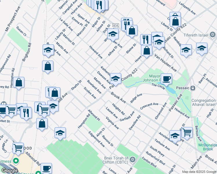 map of restaurants, bars, coffee shops, grocery stores, and more near 554 Broadway in Passaic