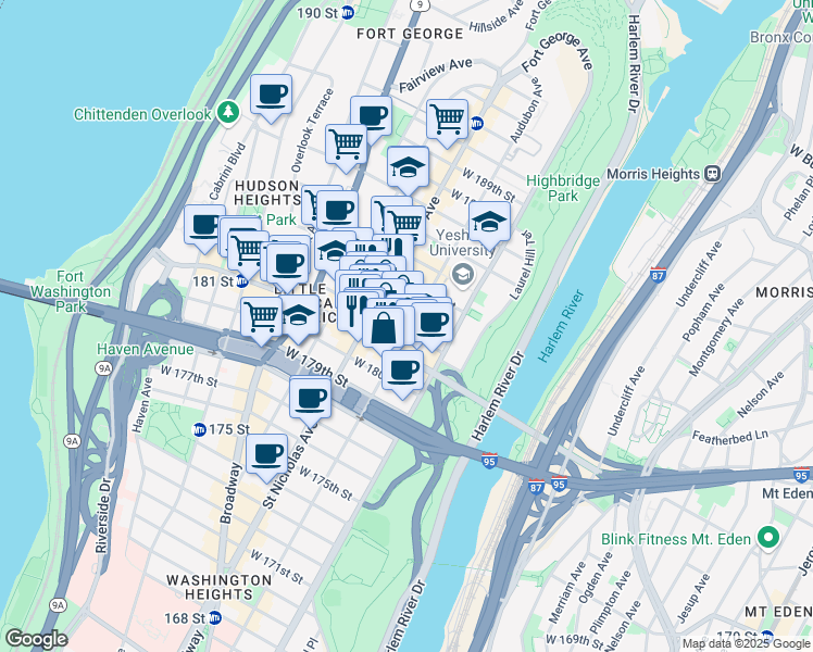 map of restaurants, bars, coffee shops, grocery stores, and more near 340 Audubon Avenue in New York