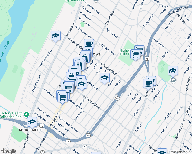 map of restaurants, bars, coffee shops, grocery stores, and more near 428 2nd St in Palisades Park